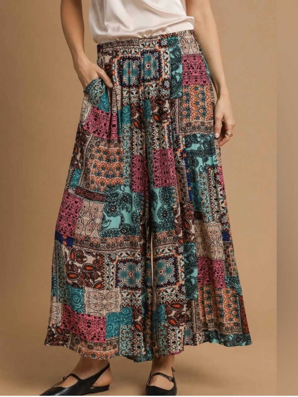 NWT: Boho Mixed Patchwork Print Wide Leg Pants
